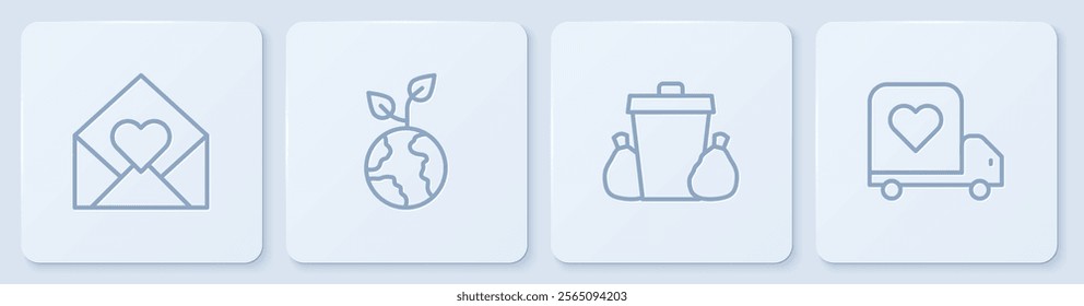 Set line Envelope with Valentine heart, Trash can, Volunteer team planting trees and Delivery truck. White square button. Vector