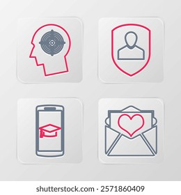 Set line Envelope with Valentine heart, Graduation cap on mobile, User protection and Head hunting concept icon. Vector