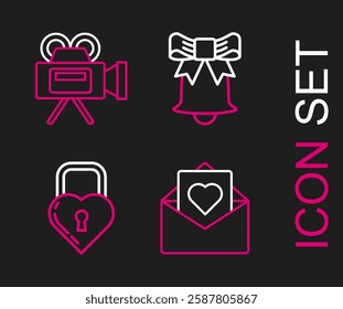 Set line Envelope with Valentine heart, Castle the shape of, Ringing bell and Cinema camera icon. Vector