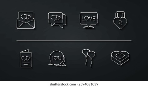 Set line Envelope with Valentine heart, Valentines day flyer, Castle the shape of, Balloons form, Speech bubble text I love you, Heart speech, Candy shaped box and Love icon. Vector