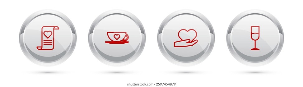 Set line Envelope with Valentine heart, Coffee cup and, Heart hand and Wine glass. Silver circle button. Vector
