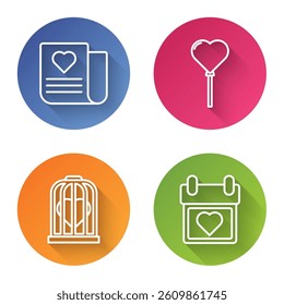 Set line Envelope with Valentine heart, Balloons in form of heart, Heart in the bird cage and Calendar with heart. Color circle button. Vector
