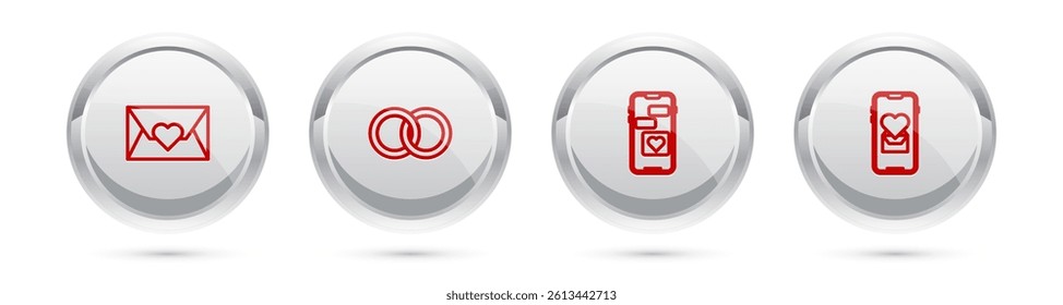 Set line Envelope with Valentine heart, Wedding rings, Mobile and . Silver circle button. Vector