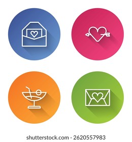 Set linha Envelope com coração de Valentim, Amour e seta, Cocktail e . Botão de círculo de cor. Vetor