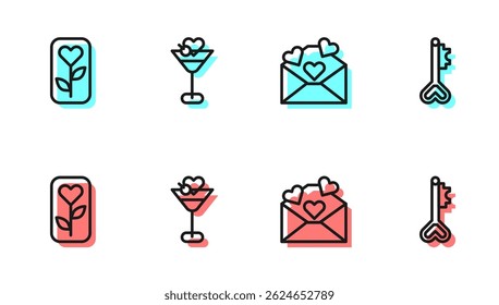 Set line Envelope with Valentine heart, Flower rose, Martini glass and Key shape icon. Vector