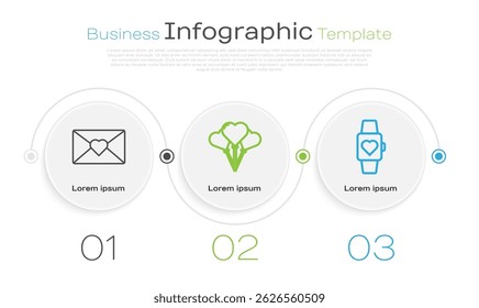 Set linha Envelope com coração de Valentim, balões em forma de coração e coração no relógio de pulso central. Modelo de infográfico comercial. Vetor