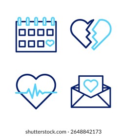 Set line Envelope with Valentine heart, Heart rate, Broken and Calendar icon. Vector