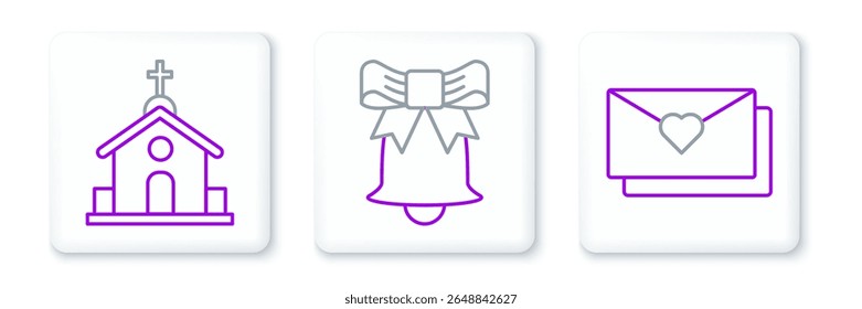 Set line Envelope with Valentine heart, Church building and Ringing bell icon. Vector