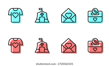 Set line sobre con corazón de San Valentín, donación de ropa, carpa médica de emergencia e icono de donación y caridad. Vector
