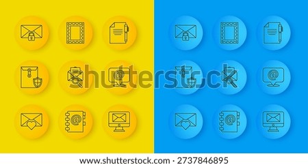 Set line Envelope with Valentine heart, shield, magnifying glass, Monitor and envelope, Mail e-mail speech bubble, message lock password, Document pen and Postal stamp icon. Vector