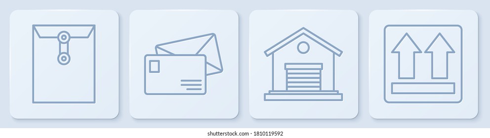 Set line Envelope, Warehouse, Envelope and This side up. White square button. Vector