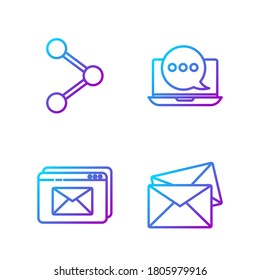 Set line Envelope, Website and envelope, Share and Chat messages notification on laptop. Gradient color icons. Vector