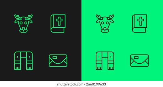 Set línea sobre, bufanda de invierno, reno y el icono del libro de la Biblia sagrada. Vector