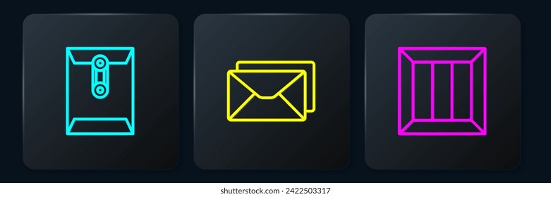 Set line Envelope, Wooden box and . Black square button. Vector