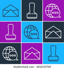 Set line Envelope, World map made from speech bubble and Stamp icon. Vector
