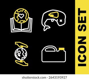 Set line Environment protection whale dead, Canister for machine oil, Hands holding Earth globe and book icon. Vector