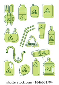 Set line environmental symbols in the triangle. Recycling symbols of plastic. Vector outline illustration