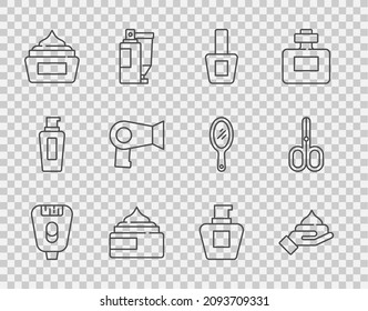 Set line Epilator, Cream lotion cosmetic tube, Nail polish bottle, Hair dryer,  and Scissors icon. Vector
