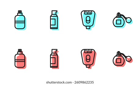 Set line Epilator, Perfume, Spray can for hairspray and  icon. Vector