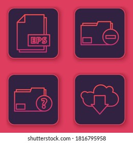 Set line EPS file document, Unknown document folder, Document folder with minus and Cloud download. Blue square button. Vector
