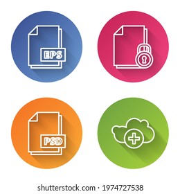 Set line EPS file document, Document and lock, PSD file document and Add cloud. Color circle button. Vector