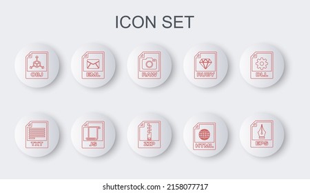 Establecer el documento de archivo EPS de línea, icono TXT, RAW, HTML, OBJ, EML, JS y ZIP. Vector