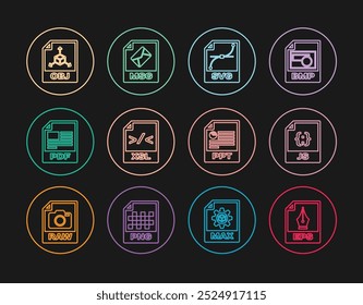 Establecer línea de documento de archivo EPS, JS, XSL, PDF, OBJ, PPT y MSG icono. Vector