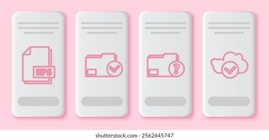 Set line EPS file document, Document folder and check mark, Unknown document folder and Cloud with check mark. White rectangle button. Vector