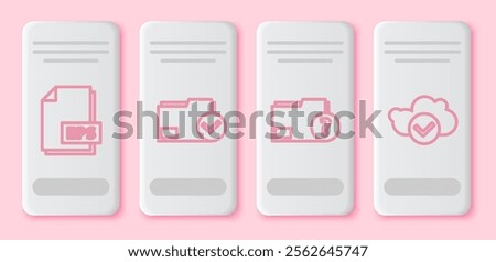 Set line EPS file document, Document folder and check mark, Unknown document folder and Cloud with check mark. White rectangle button. Vector