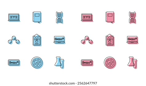 Set line Equation solution, Bacteria, XYZ Coordinate system, Test tube and flask, Radiation warning document, Molecule and Book icon. Vector