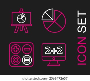 Set line Equation solution, Calculator, Graph, schedule, chart, diagram and Chalkboard with icon. Vector