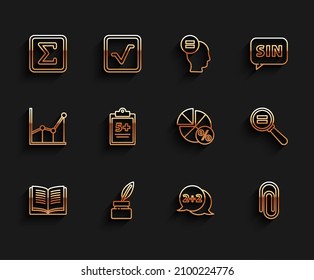 Set line Equation solution, Chalkboard, Geometric figure Square, Cone, Book with word mathematics, Mathematics function sine, Paper clip and  icon. Vector