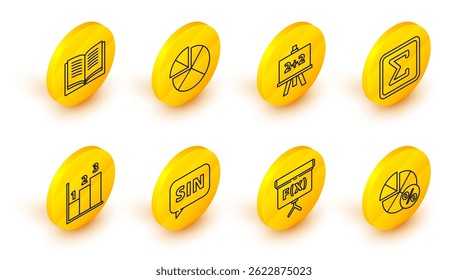 Set line Equation solution, Geometric figure Cube, Human brain, Graph, schedule, chart, diagram, Square, Calculator, Abacus and  icon. Vector