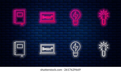 Set line Equation solution, Light bulb with lightning, Book and Test tube and flask. Glowing neon icon on brick wall. Vector