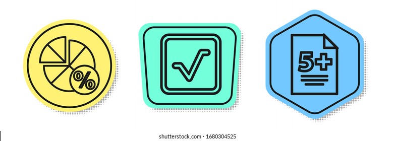 Set line Equation solution, Open book and Calculator. Colored shapes. Vector