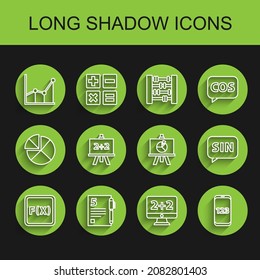 Set line Equation solution, Open book, Sigma symbol, Graph, schedule, chart, diagram, Book with word mathematics, Calculator, Human brain and XYZ Coordinate system icon. Vector