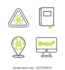 Set line Equation solution, Radioactive in location, Book and Triangle with radiation icon. Vector