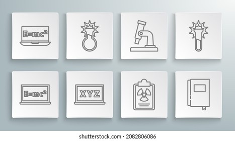 Set line Equation solution, Test tube and flask, XYZ Coordinate system, Radiation warning document, Book, Microscope,  and  icon. Vector