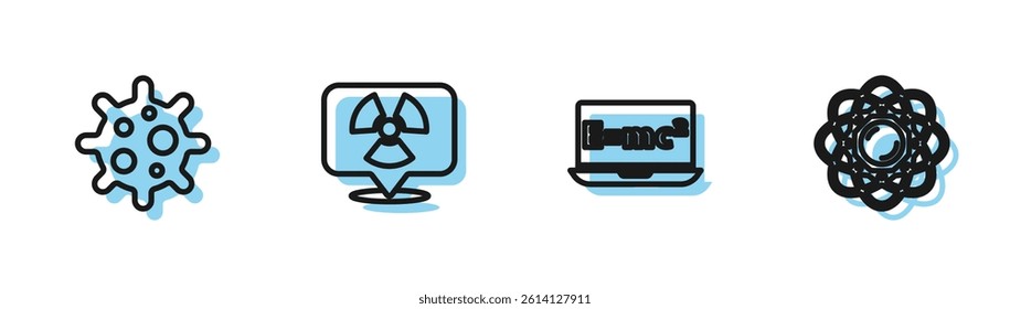 Set line Equation solution, Virus, Radioactive in location and Atom icon. Vector