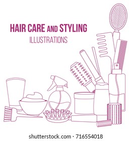 Set of line equipments for styling and hair care. Products and tools for home remedies of hair care. Vector