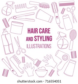 Set of line equipments for styling and hair care. Products and tools for home remedies of hair care. Vector