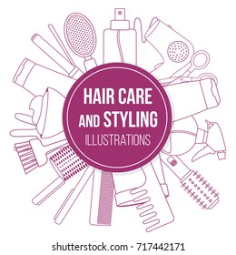 Set Of Line Equipments For Styling And Hair Care. Products And Tools For Home Remedies Of Hair Care. Vector