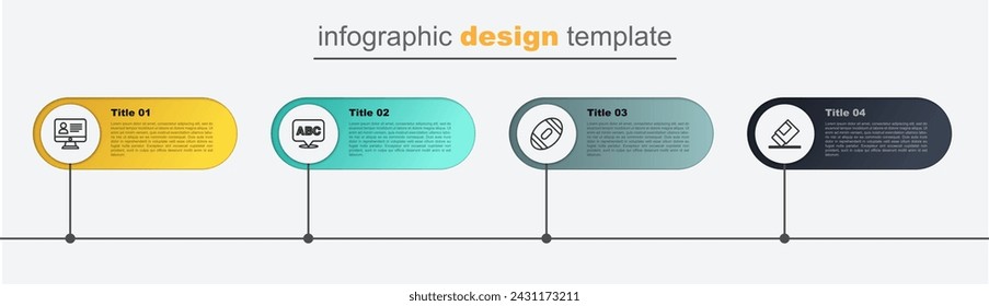 Set line Eraser or rubber, American Football ball, Alphabet and Online class. Business infographic template. Vector