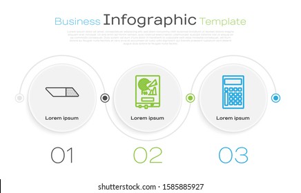 Set line Eraser or rubber, Board with graph chart and Calculator. Business infographic template. Vector