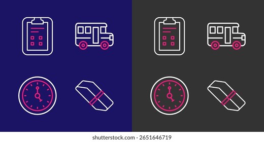 Set line Eraser or rubber, Clock, School Bus and Exam sheet with check mark icon. Vector