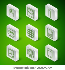 Set line Eraser or rubber, Computer monitor and gear, Crossed ruler pencil, Grid graph paper, Speech bubble with text CMYK, Paint bucket, Graphic tablet and ID File document icon. Vector