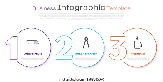 Set line Eraser or rubber, Drawing compass and Coffee cup. Business infographic template. Vector