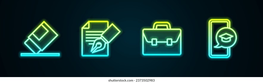 Set line Eraser or rubber, Exam sheet and pencil, Briefcase and Graduation cap on mobile. Glowing neon icon. Vector