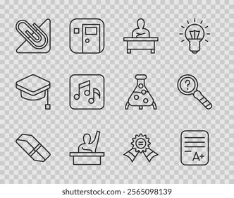 Set line Eraser or rubber, Exam sheet with A plus grade, Schoolboy sitting at desk, Male kid raising hand, Paper clip, Music note, tone, Medal and Unknown search icon. Vector