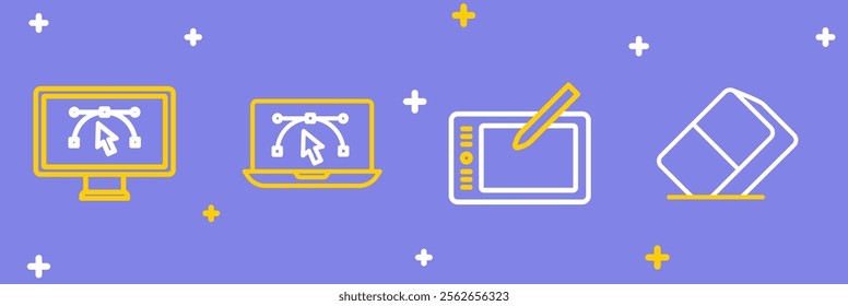 Set line Eraser or rubber, Graphic tablet, Computer with design program and  icon. Vector